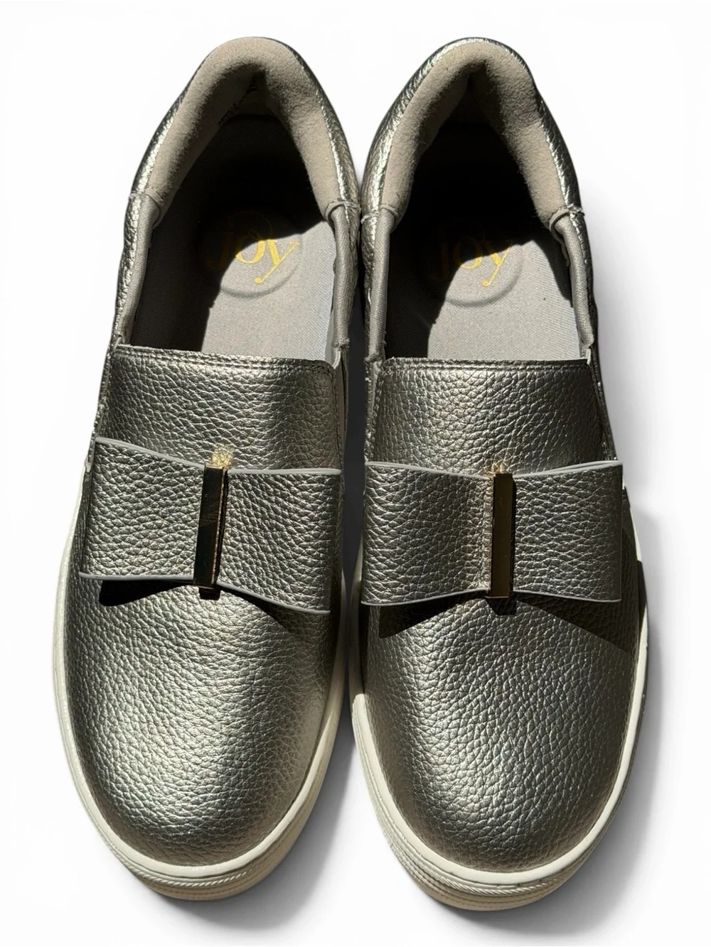 Joy Luxe Genuine Leather Bow Platform Sneakers Orthotic Slip On Pewter‎ 7.5W